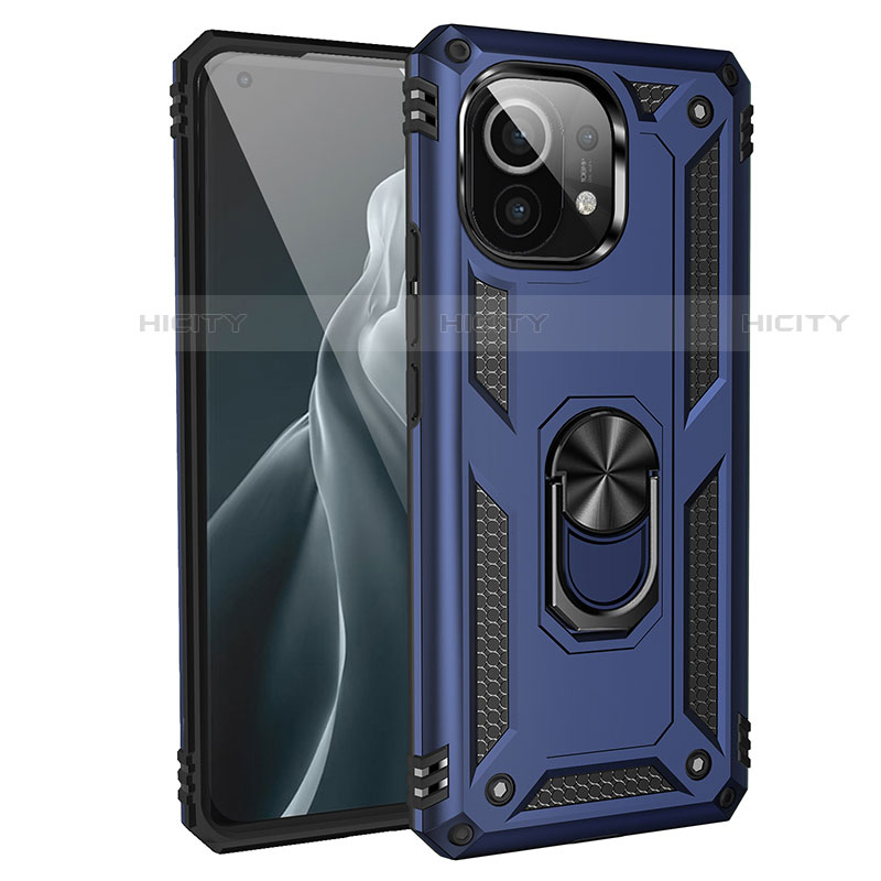 Funda Bumper Silicona y Plastico Mate Carcasa con Magnetico Anillo de dedo Soporte R01 para Xiaomi Mi 11 Lite 4G Azul