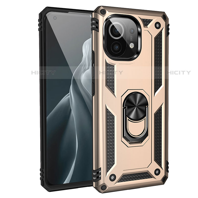 Funda Bumper Silicona y Plastico Mate Carcasa con Magnetico Anillo de dedo Soporte R01 para Xiaomi Mi 11 Lite 4G Oro