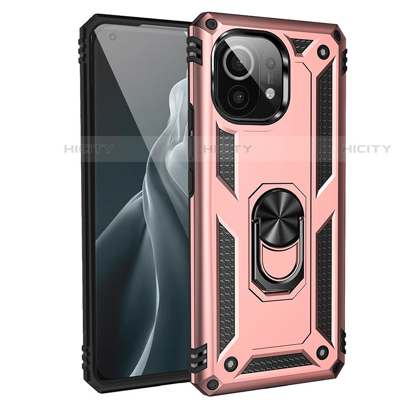 Funda Bumper Silicona y Plastico Mate Carcasa con Magnetico Anillo de dedo Soporte R01 para Xiaomi Mi 11 Lite 5G NE Oro Rosa