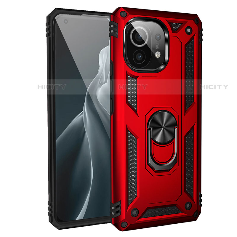 Funda Bumper Silicona y Plastico Mate Carcasa con Magnetico Anillo de dedo Soporte R01 para Xiaomi Mi 11 Lite 5G NE Rojo