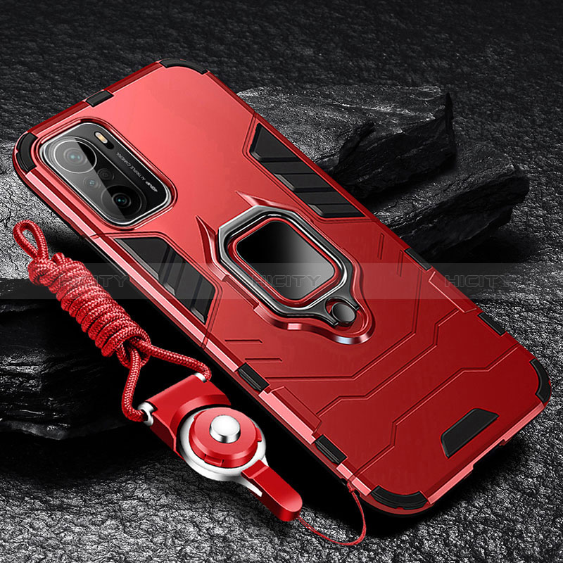 Funda Bumper Silicona y Plastico Mate Carcasa con Magnetico Anillo de dedo Soporte R01 para Xiaomi Mi 11i 5G Rojo