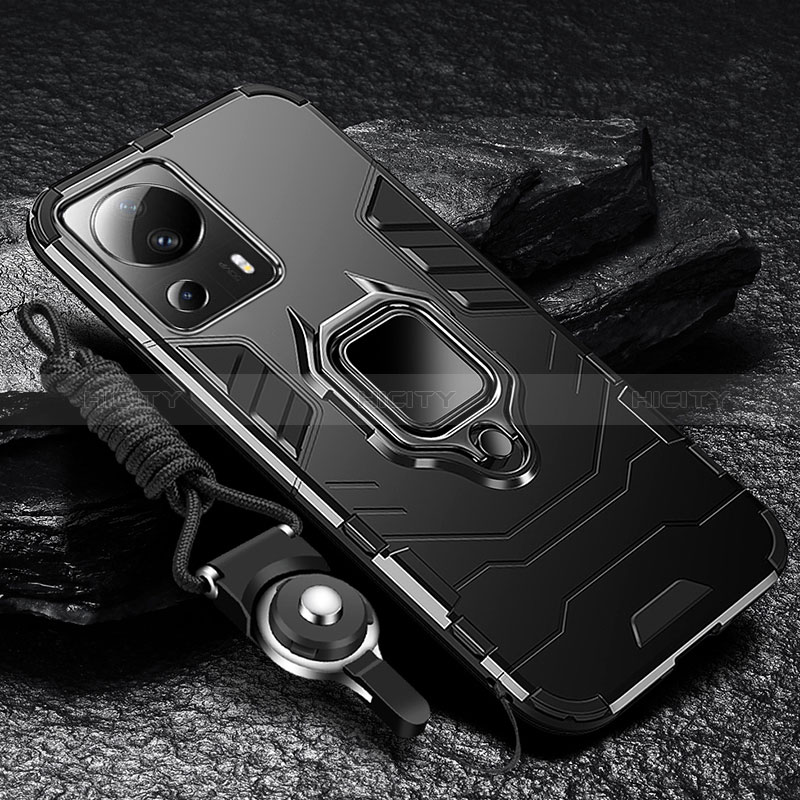 Funda Bumper Silicona y Plastico Mate Carcasa con Magnetico Anillo de dedo Soporte R01 para Xiaomi Mi 12 Lite NE 5G Negro