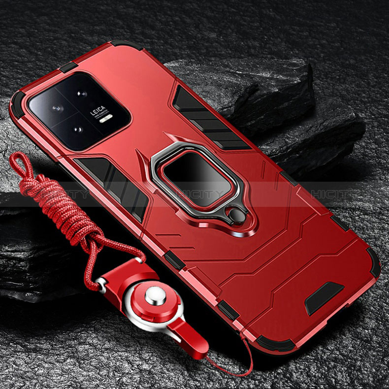 Funda Bumper Silicona y Plastico Mate Carcasa con Magnetico Anillo de dedo Soporte R01 para Xiaomi Mi 13 Pro 5G Rojo