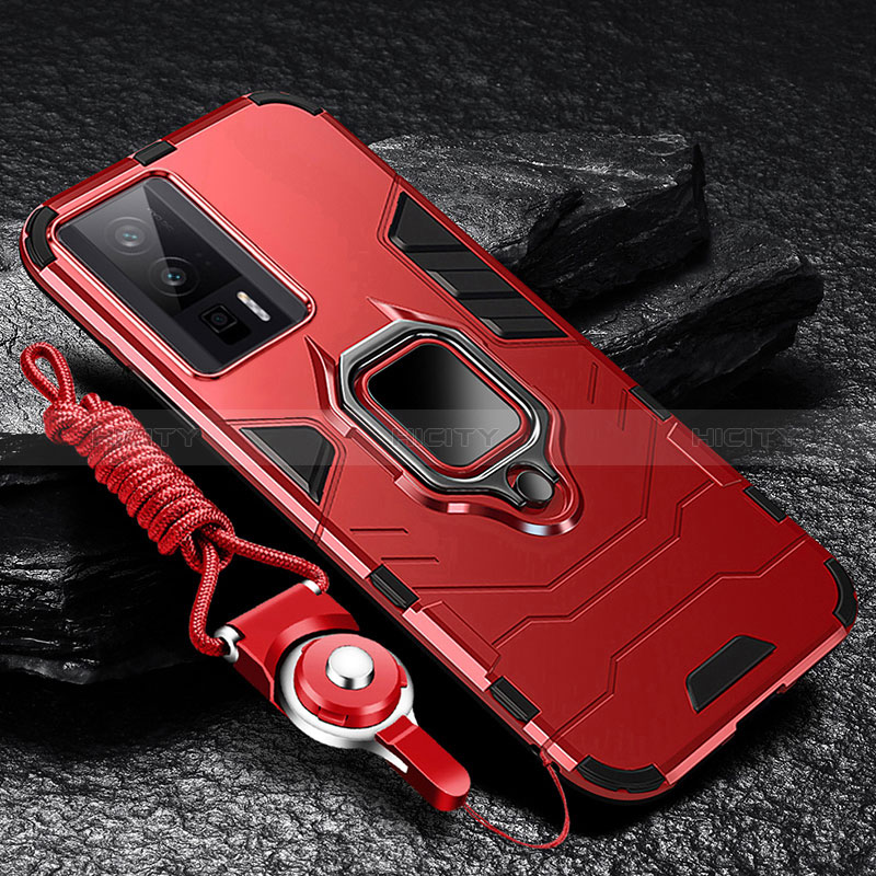 Funda Bumper Silicona y Plastico Mate Carcasa con Magnetico Anillo de dedo Soporte R01 para Xiaomi Poco F5 Pro 5G Rojo