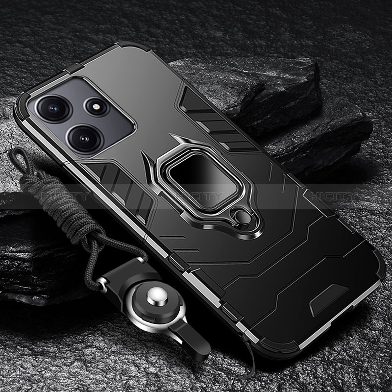 Funda Bumper Silicona y Plastico Mate Carcasa con Magnetico Anillo de dedo Soporte R01 para Xiaomi Poco M6 Pro 5G Negro