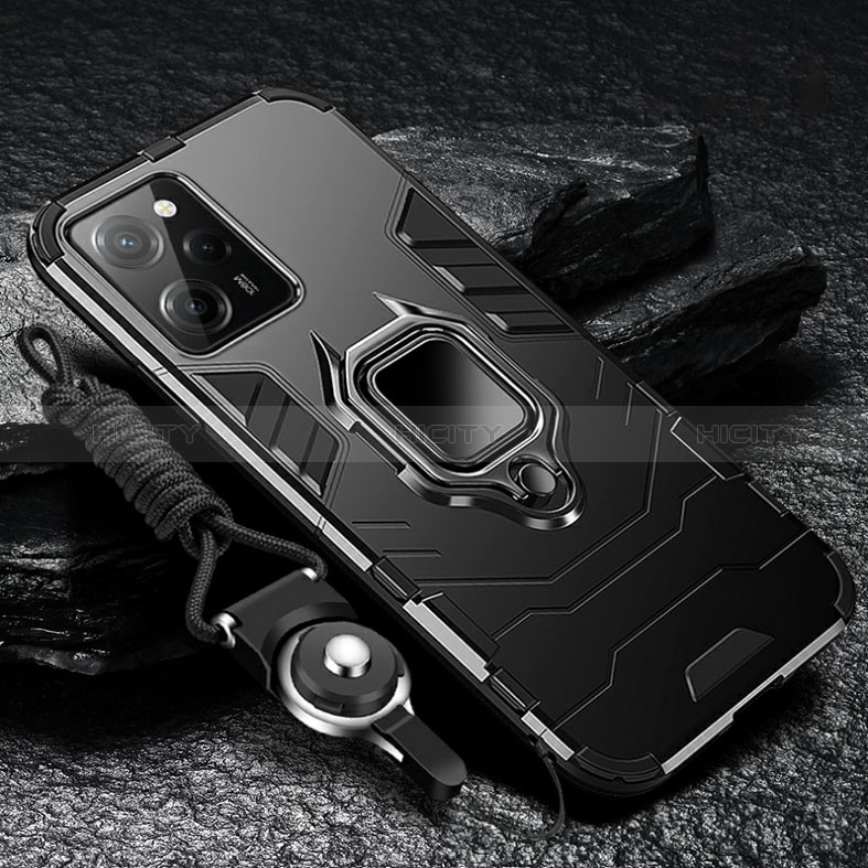 Funda Bumper Silicona y Plastico Mate Carcasa con Magnetico Anillo de dedo Soporte R01 para Xiaomi Poco X5 Pro 5G Negro