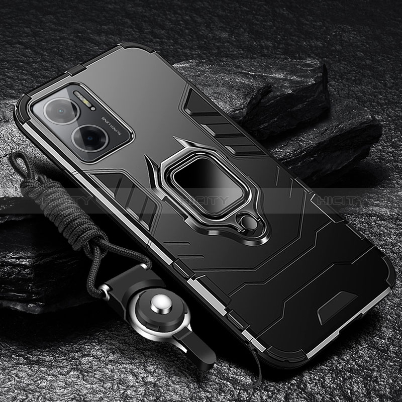 Funda Bumper Silicona y Plastico Mate Carcasa con Magnetico Anillo de dedo Soporte R01 para Xiaomi Redmi 11 Prime 5G Negro