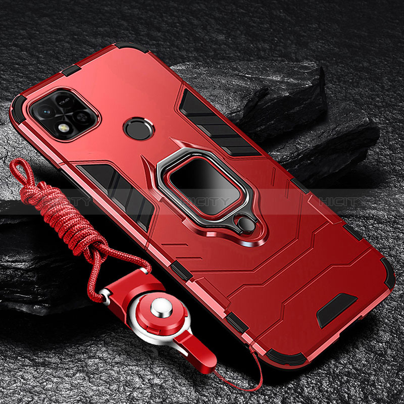 Funda Bumper Silicona y Plastico Mate Carcasa con Magnetico Anillo de dedo Soporte R01 para Xiaomi Redmi 9 India Rojo