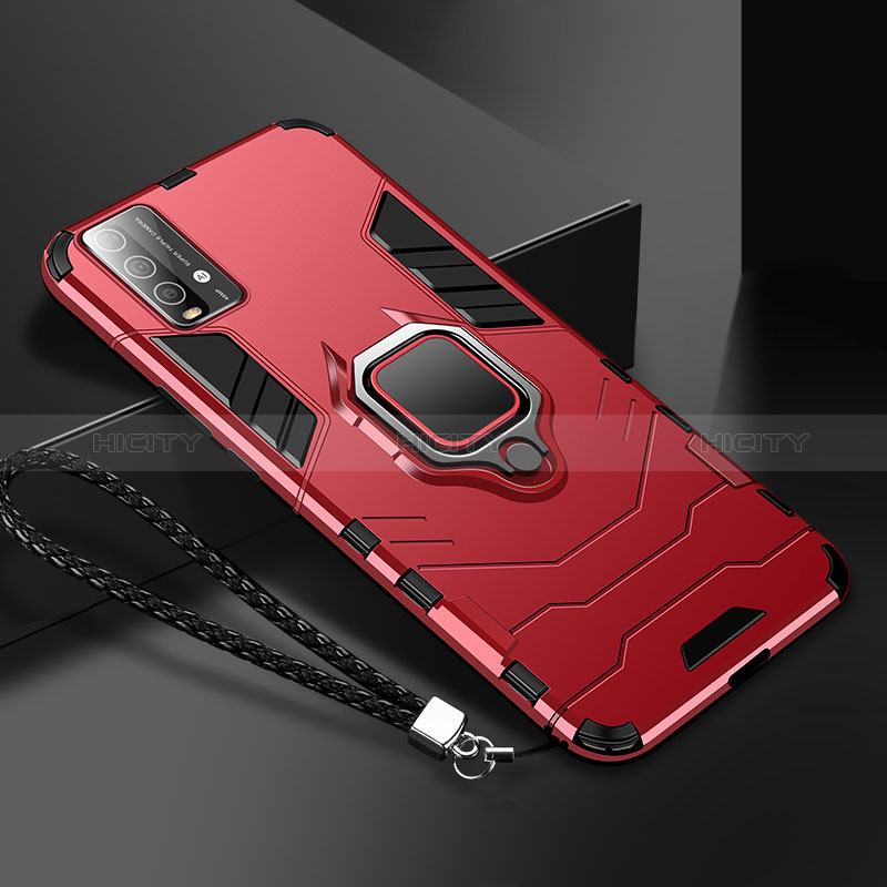 Funda Bumper Silicona y Plastico Mate Carcasa con Magnetico Anillo de dedo Soporte R01 para Xiaomi Redmi 9 Power Rojo