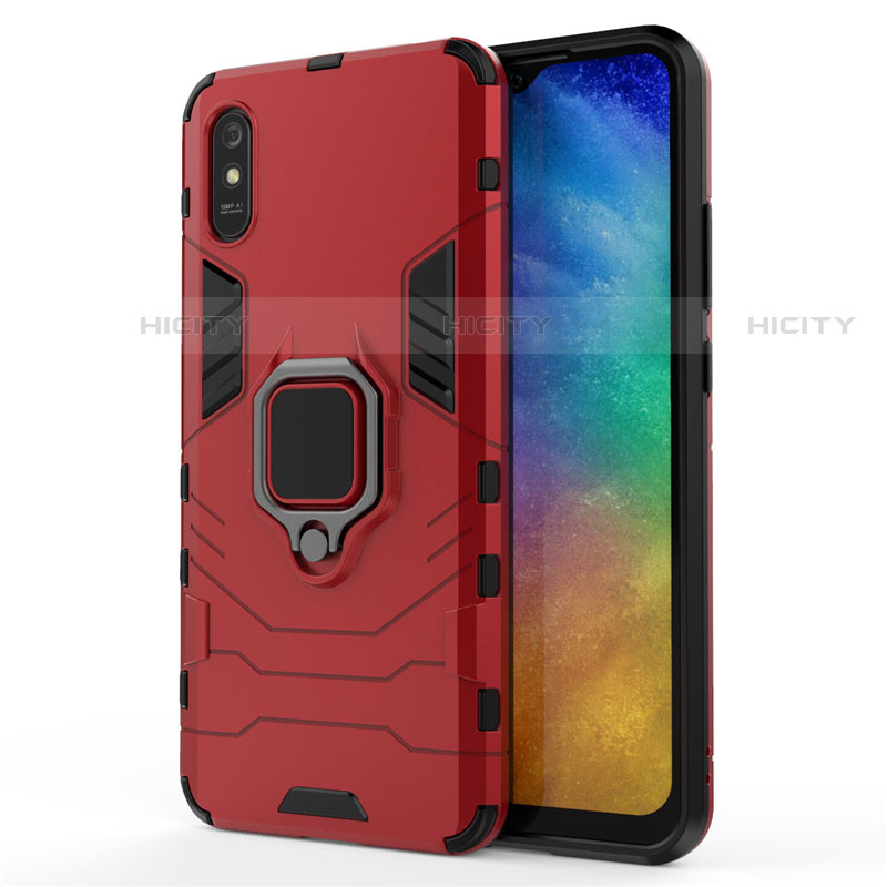 Funda Bumper Silicona y Plastico Mate Carcasa con Magnetico Anillo de dedo Soporte R01 para Xiaomi Redmi 9A Rojo