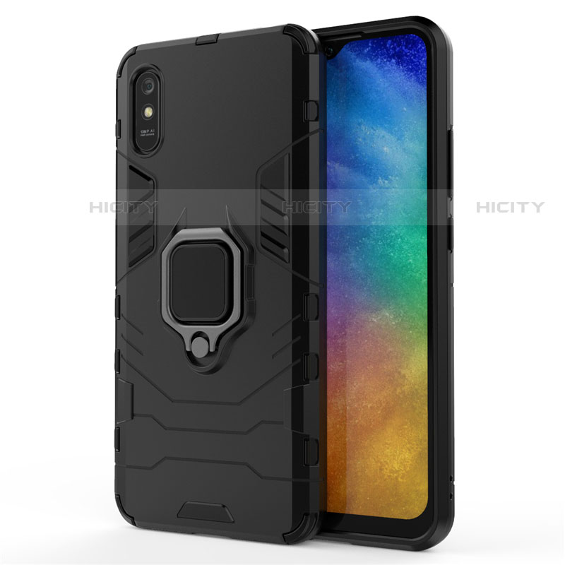 Funda Bumper Silicona y Plastico Mate Carcasa con Magnetico Anillo de dedo Soporte R01 para Xiaomi Redmi 9AT Negro