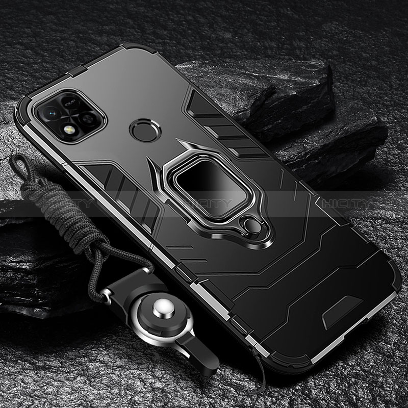 Funda Bumper Silicona y Plastico Mate Carcasa con Magnetico Anillo de dedo Soporte R01 para Xiaomi Redmi 9C Negro