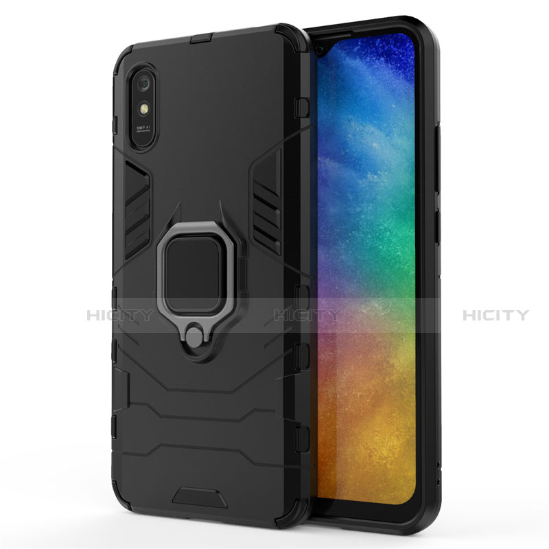 Funda Bumper Silicona y Plastico Mate Carcasa con Magnetico Anillo de dedo Soporte R01 para Xiaomi Redmi 9i Negro