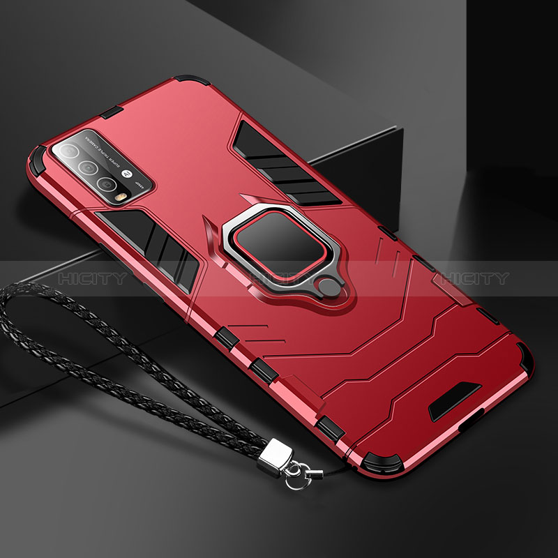 Funda Bumper Silicona y Plastico Mate Carcasa con Magnetico Anillo de dedo Soporte R01 para Xiaomi Redmi 9T 4G Rojo