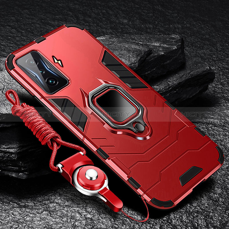 Funda Bumper Silicona y Plastico Mate Carcasa con Magnetico Anillo de dedo Soporte R01 para Xiaomi Redmi K50 Gaming AMG F1 5G Rojo