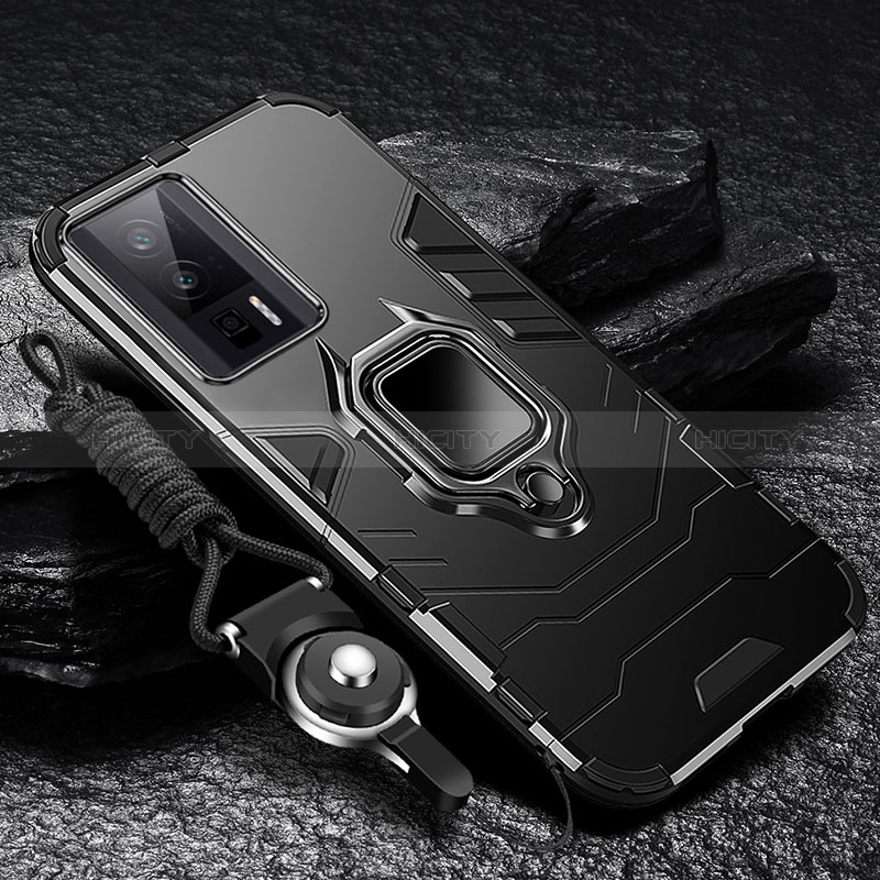 Funda Bumper Silicona y Plastico Mate Carcasa con Magnetico Anillo de dedo Soporte R01 para Xiaomi Redmi K60 Pro 5G Negro