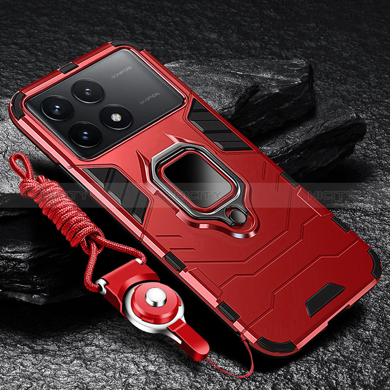 Funda Bumper Silicona y Plastico Mate Carcasa con Magnetico Anillo de dedo Soporte R01 para Xiaomi Redmi K70E 5G Rojo