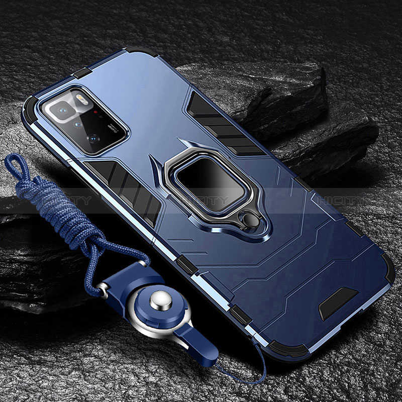 Funda Bumper Silicona y Plastico Mate Carcasa con Magnetico Anillo de dedo Soporte R01 para Xiaomi Redmi Note 10 Pro 5G Azul