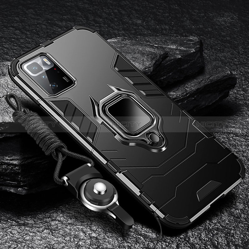 Funda Bumper Silicona y Plastico Mate Carcasa con Magnetico Anillo de dedo Soporte R01 para Xiaomi Redmi Note 10 Pro 5G Negro