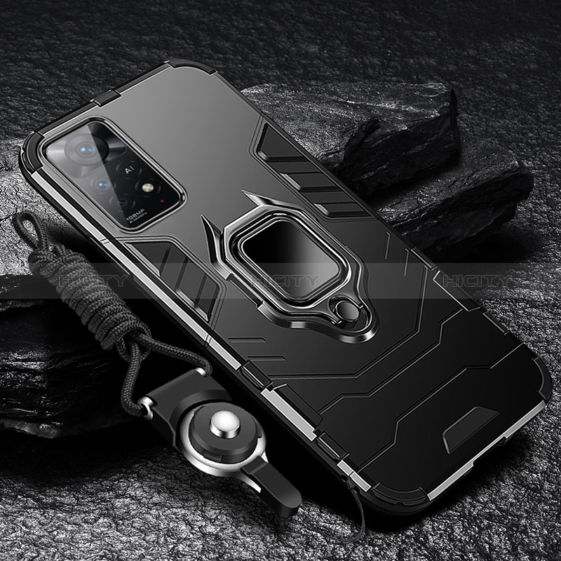 Funda Bumper Silicona y Plastico Mate Carcasa con Magnetico Anillo de dedo Soporte R01 para Xiaomi Redmi Note 11E Pro 5G Negro