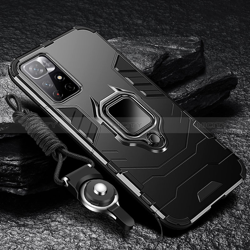 Funda Bumper Silicona y Plastico Mate Carcasa con Magnetico Anillo de dedo Soporte R01 para Xiaomi Redmi Note 11T 5G Negro