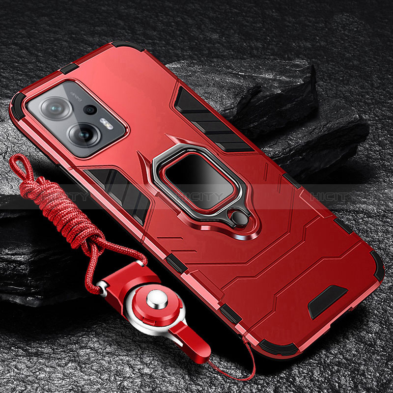 Funda Bumper Silicona y Plastico Mate Carcasa con Magnetico Anillo de dedo Soporte R01 para Xiaomi Redmi Note 11T Pro 5G Rojo