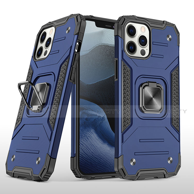 Funda Bumper Silicona y Plastico Mate Carcasa con Magnetico Anillo de dedo Soporte R02 para Apple iPhone 12 Pro Max Azul