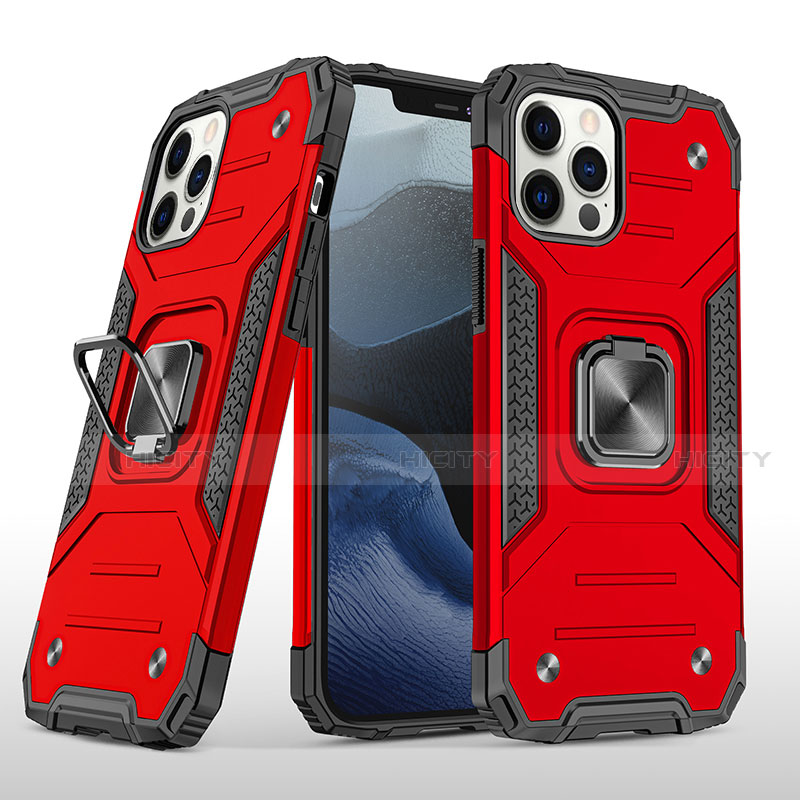 Funda Bumper Silicona y Plastico Mate Carcasa con Magnetico Anillo de dedo Soporte R02 para Apple iPhone 12 Pro Max Rojo