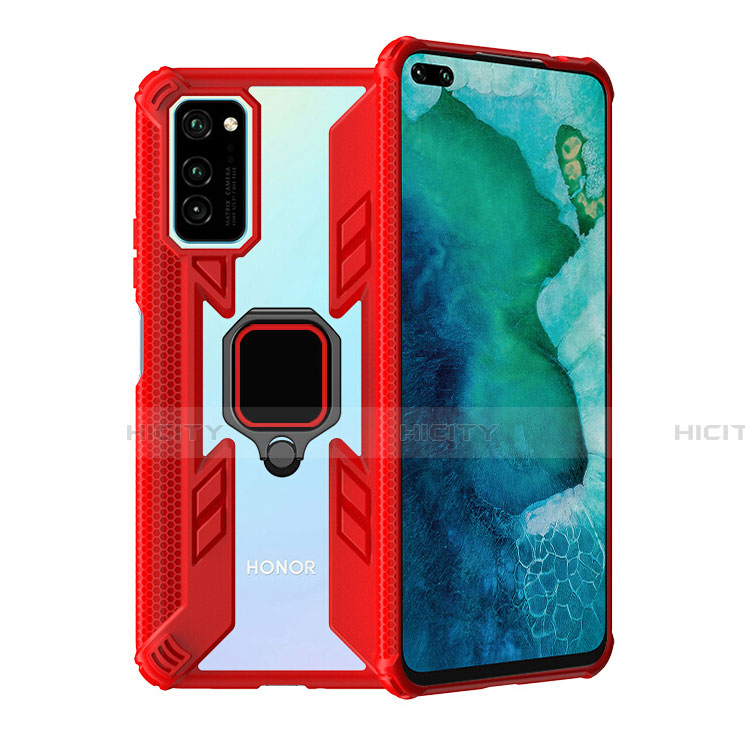 Funda Bumper Silicona y Plastico Mate Carcasa con Magnetico Anillo de dedo Soporte R02 para Huawei Honor V30 5G Rojo