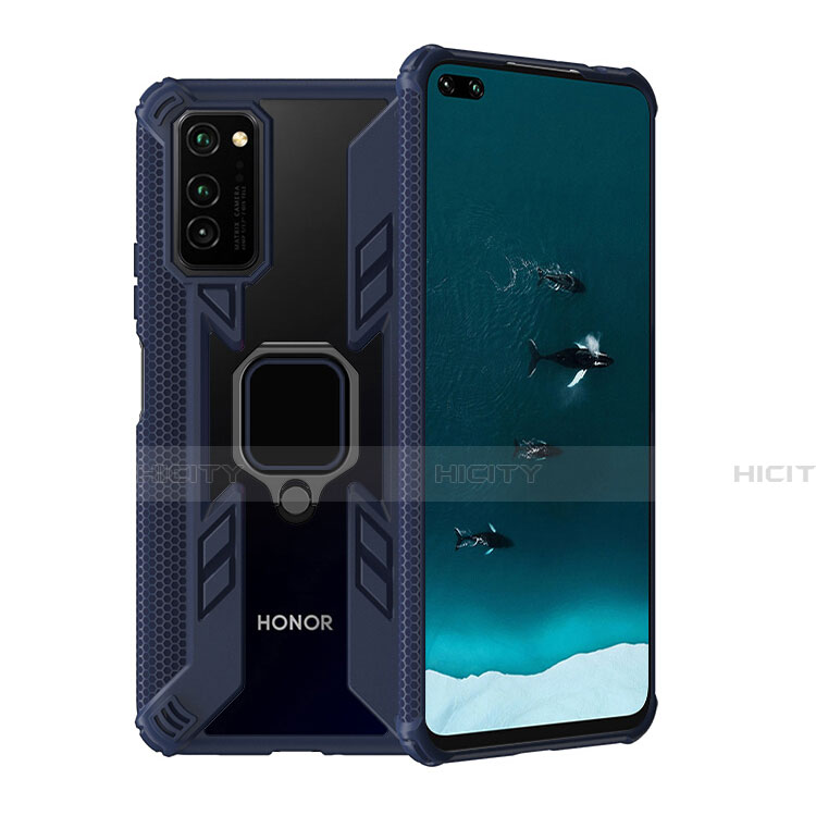 Funda Bumper Silicona y Plastico Mate Carcasa con Magnetico Anillo de dedo Soporte R02 para Huawei Honor V30 Pro 5G Azul