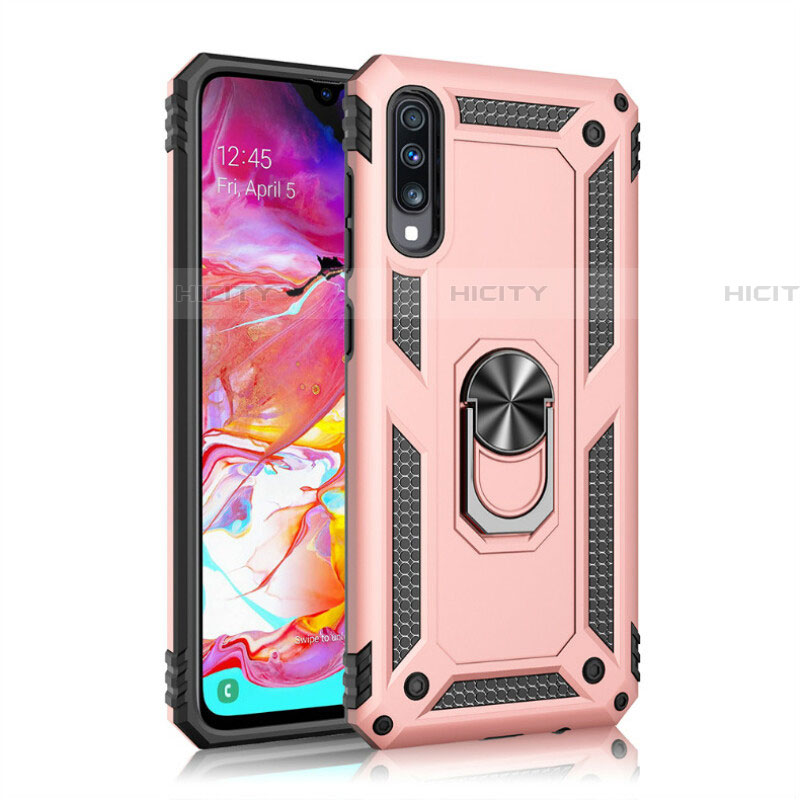 Funda Bumper Silicona y Plastico Mate Carcasa con Magnetico Anillo de dedo Soporte R02 para Samsung Galaxy A70 Oro Rosa