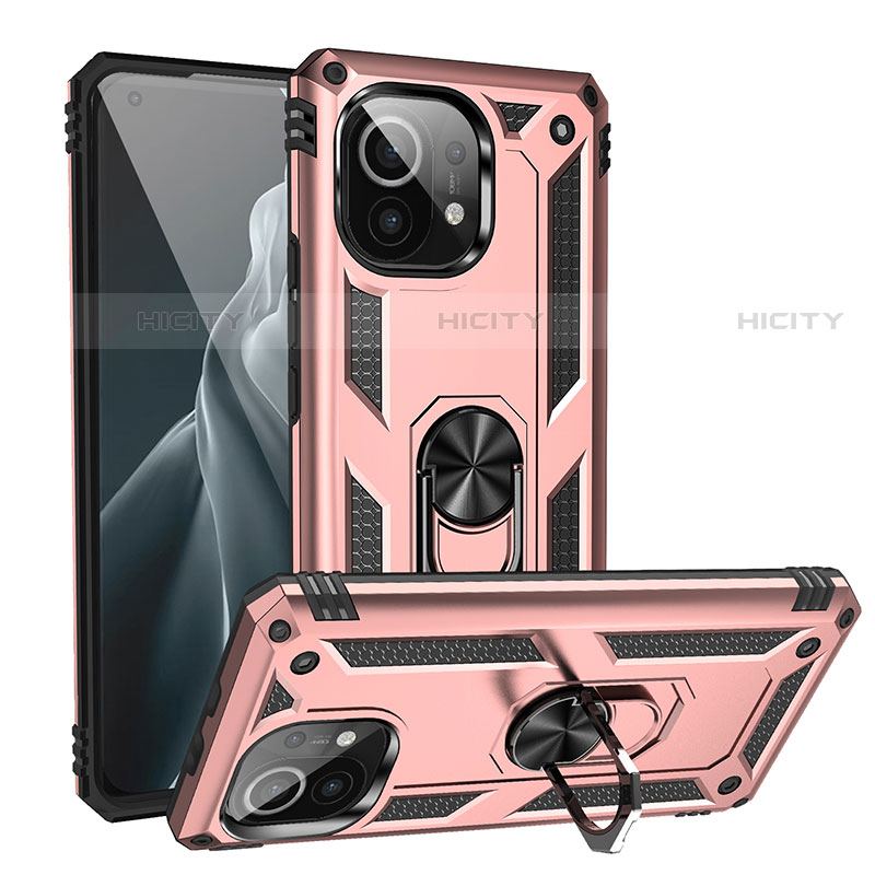 Funda Bumper Silicona y Plastico Mate Carcasa con Magnetico Anillo de dedo Soporte R02 para Xiaomi Mi 11 5G Oro Rosa