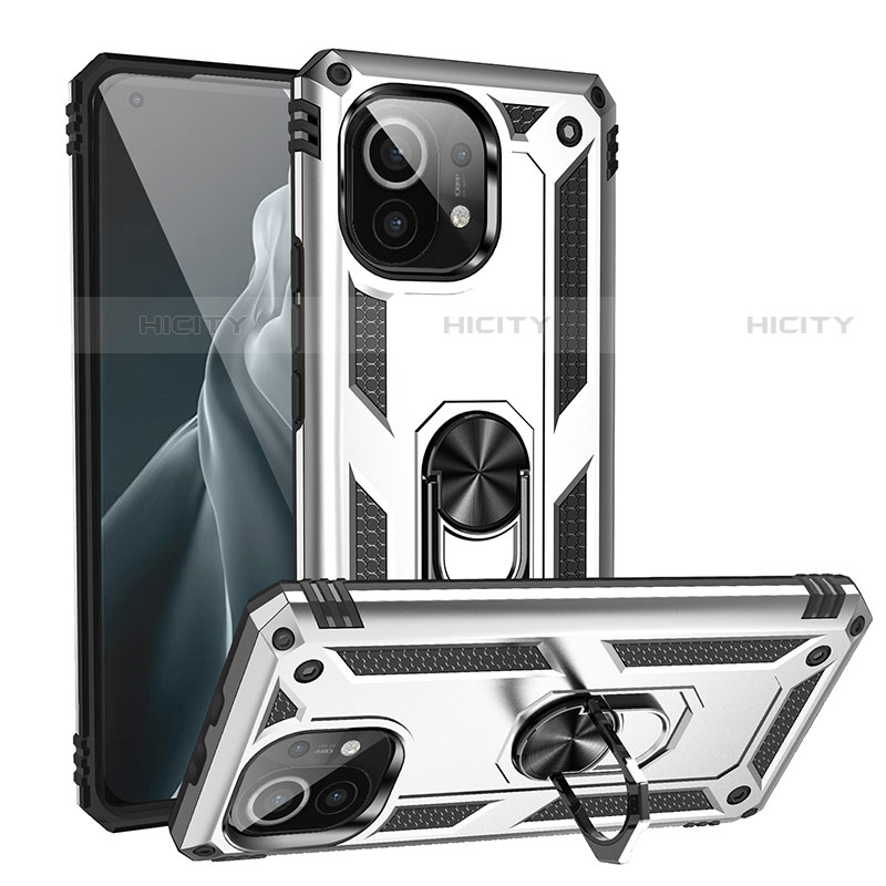 Funda Bumper Silicona y Plastico Mate Carcasa con Magnetico Anillo de dedo Soporte R02 para Xiaomi Mi 11 5G Plata