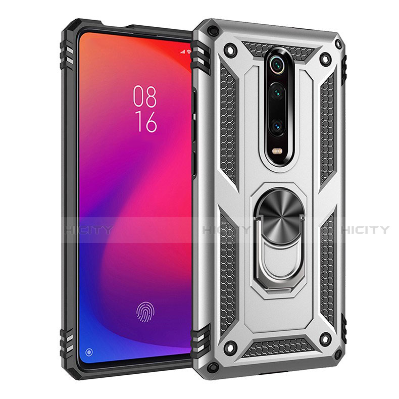 Funda Bumper Silicona y Plastico Mate Carcasa con Magnetico Anillo de dedo Soporte R02 para Xiaomi Mi 9T Pro Plata