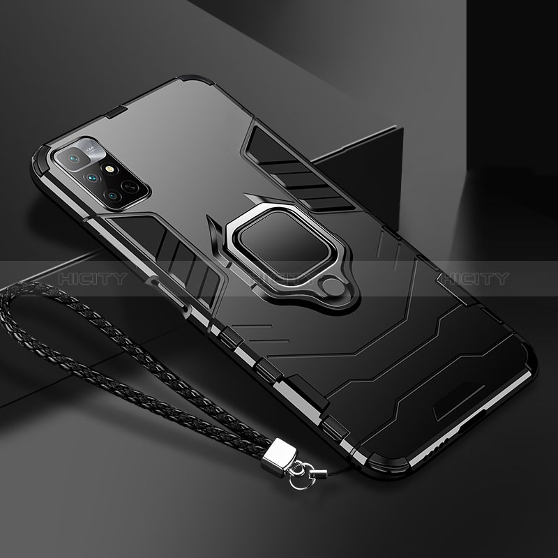 Funda Bumper Silicona y Plastico Mate Carcasa con Magnetico Anillo de dedo Soporte R02 para Xiaomi Redmi 10 (2022) Negro