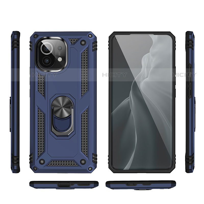 Funda Bumper Silicona y Plastico Mate Carcasa con Magnetico Anillo de dedo Soporte R03 para Xiaomi Mi 11 5G Azul