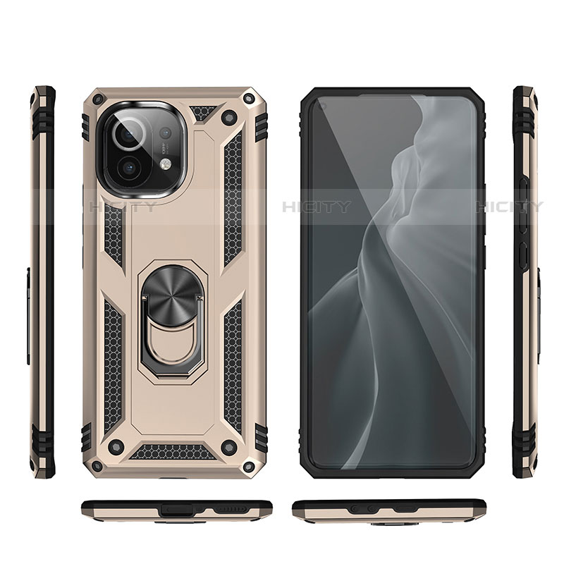 Funda Bumper Silicona y Plastico Mate Carcasa con Magnetico Anillo de dedo Soporte R03 para Xiaomi Mi 11 Lite 4G Oro