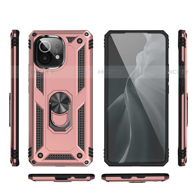 Funda Bumper Silicona y Plastico Mate Carcasa con Magnetico Anillo de dedo Soporte R03 para Xiaomi Mi 11 Lite 4G Oro Rosa