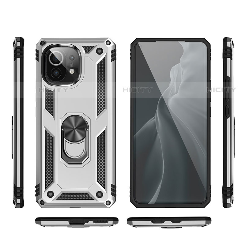 Funda Bumper Silicona y Plastico Mate Carcasa con Magnetico Anillo de dedo Soporte R03 para Xiaomi Mi 11 Lite 4G Plata