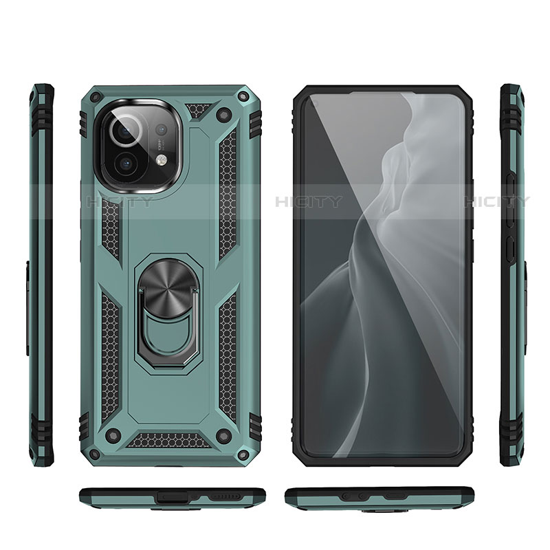 Funda Bumper Silicona y Plastico Mate Carcasa con Magnetico Anillo de dedo Soporte R03 para Xiaomi Mi 11 Lite 4G Verde