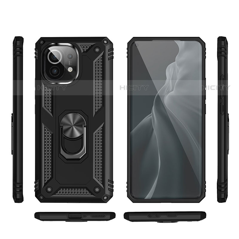 Funda Bumper Silicona y Plastico Mate Carcasa con Magnetico Anillo de dedo Soporte R03 para Xiaomi Mi 11 Lite 5G NE Negro