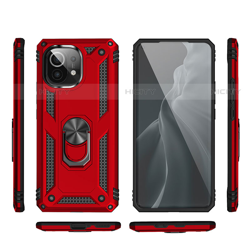 Funda Bumper Silicona y Plastico Mate Carcasa con Magnetico Anillo de dedo Soporte R03 para Xiaomi Mi 11 Lite 5G NE Rojo