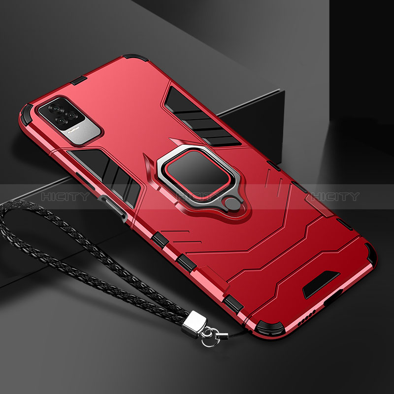 Funda Bumper Silicona y Plastico Mate Carcasa con Magnetico Anillo de dedo Soporte R03 para Xiaomi Poco F4 5G Rojo