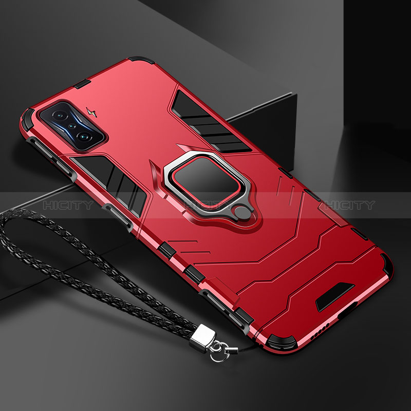 Funda Bumper Silicona y Plastico Mate Carcasa con Magnetico Anillo de dedo Soporte R03 para Xiaomi Poco F4 GT 5G Rojo