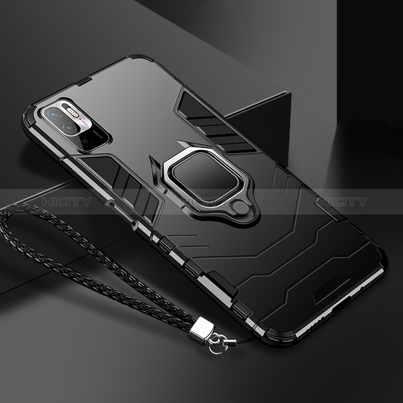 Funda Bumper Silicona y Plastico Mate Carcasa con Magnetico Anillo de dedo Soporte R03 para Xiaomi Redmi Note 10 5G Negro