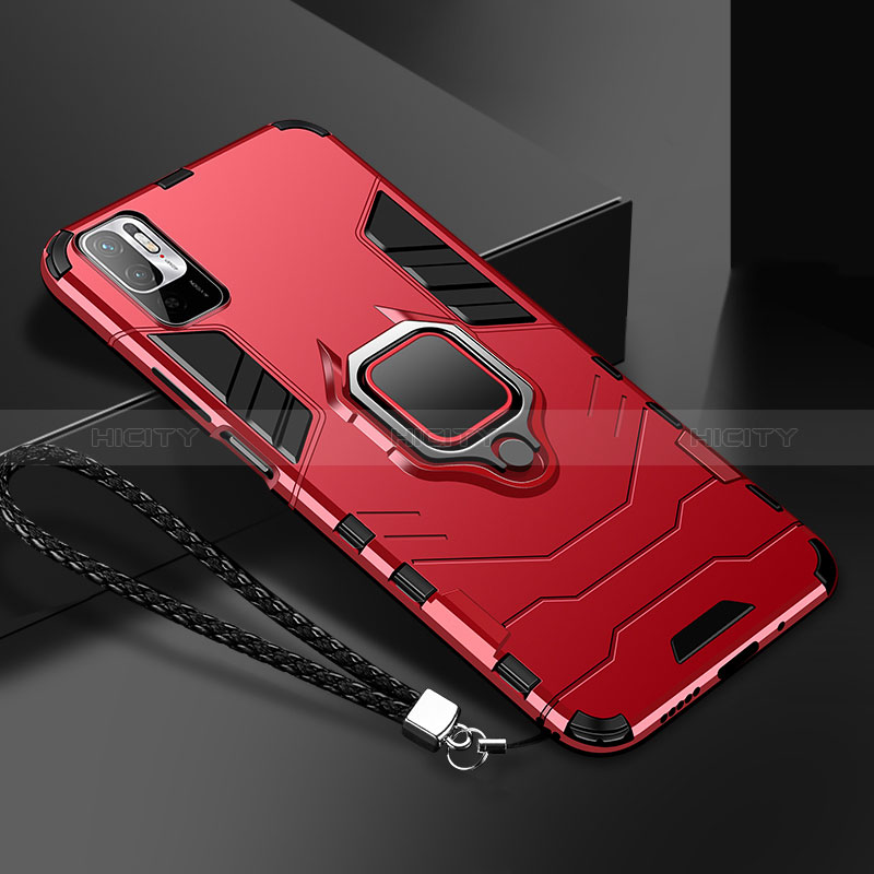 Funda Bumper Silicona y Plastico Mate Carcasa con Magnetico Anillo de dedo Soporte R03 para Xiaomi Redmi Note 10 5G Rojo
