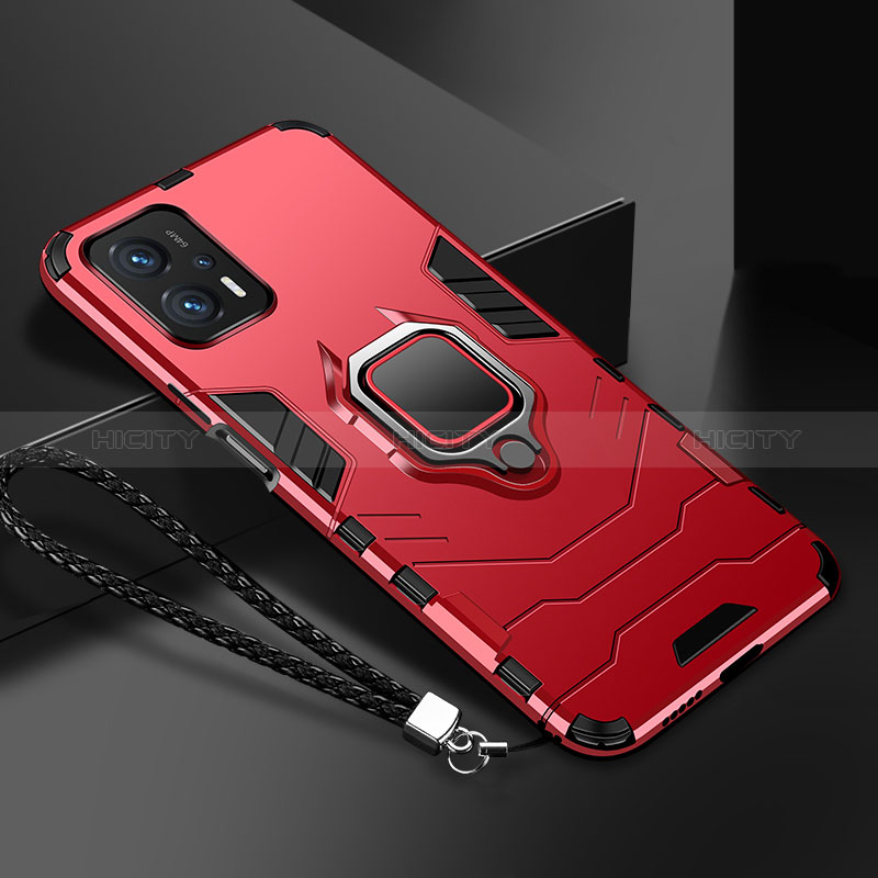 Funda Bumper Silicona y Plastico Mate Carcasa con Magnetico Anillo de dedo Soporte R03 para Xiaomi Redmi Note 11T Pro 5G Rojo