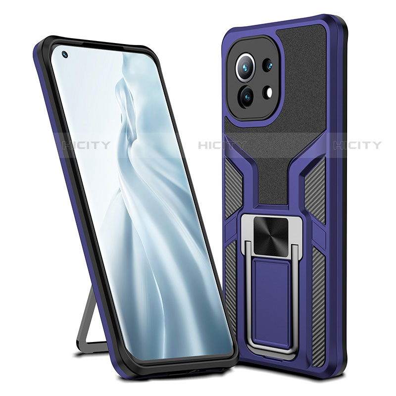 Funda Bumper Silicona y Plastico Mate Carcasa con Magnetico Anillo de dedo Soporte R04 para Xiaomi Mi 11 5G Azul