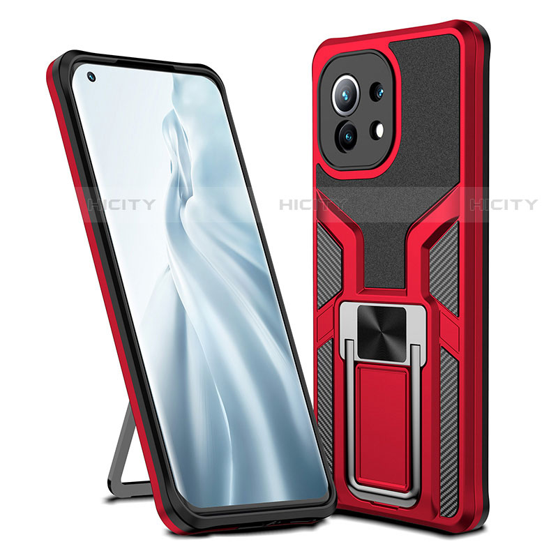 Funda Bumper Silicona y Plastico Mate Carcasa con Magnetico Anillo de dedo Soporte R04 para Xiaomi Mi 11 5G Rojo