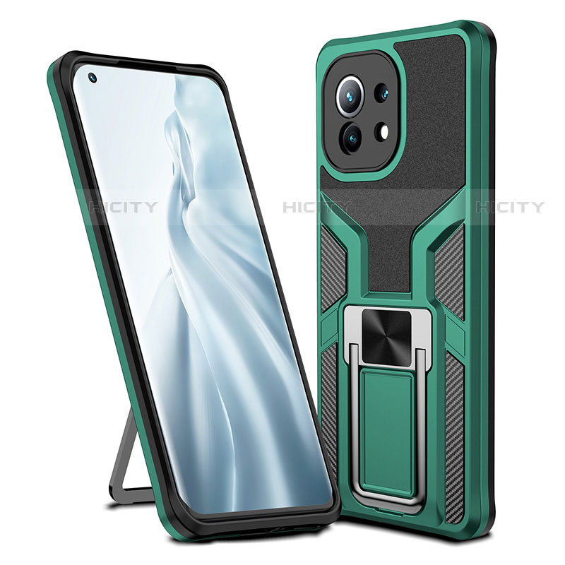 Funda Bumper Silicona y Plastico Mate Carcasa con Magnetico Anillo de dedo Soporte R04 para Xiaomi Mi 11 5G Verde